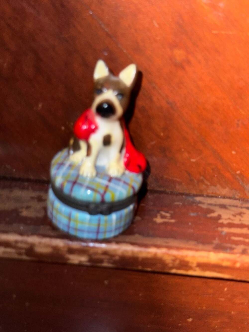 Porcelain Dog Trinket Box With Bone Blue Tartan Plaid